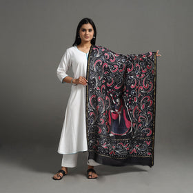 Black - Handloom Chanderi Silk Hand Batik Printed Dupatta 08