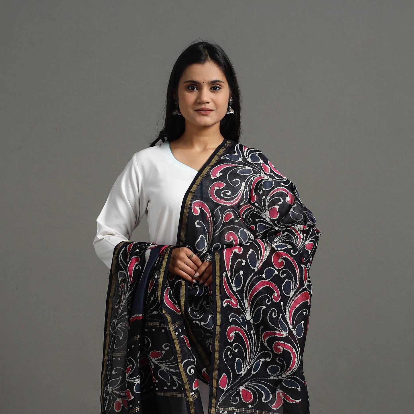 Black - Handloom Chanderi Silk Hand Batik Printed Dupatta 08