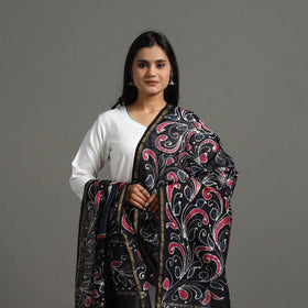 Black - Handloom Chanderi Silk Hand Batik Printed Dupatta 08