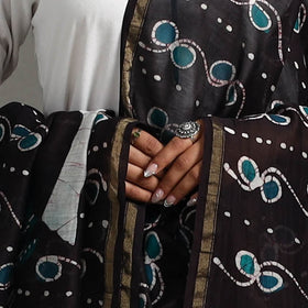 Black - Handloom Chanderi Silk Hand Batik Printed Dupatta 10