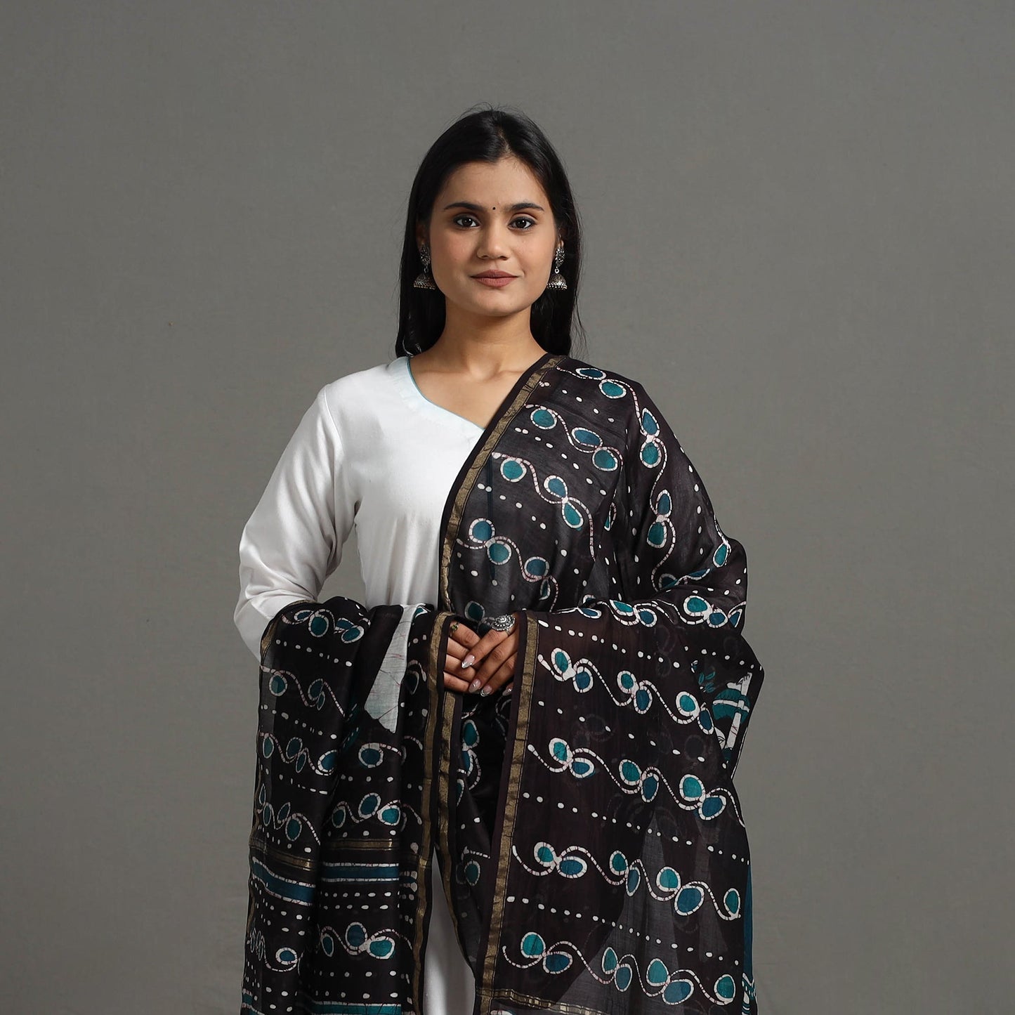 Black - Handloom Chanderi Silk Hand Batik Printed Dupatta 10