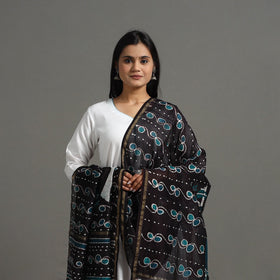Black - Handloom Chanderi Silk Hand Batik Printed Dupatta 10
