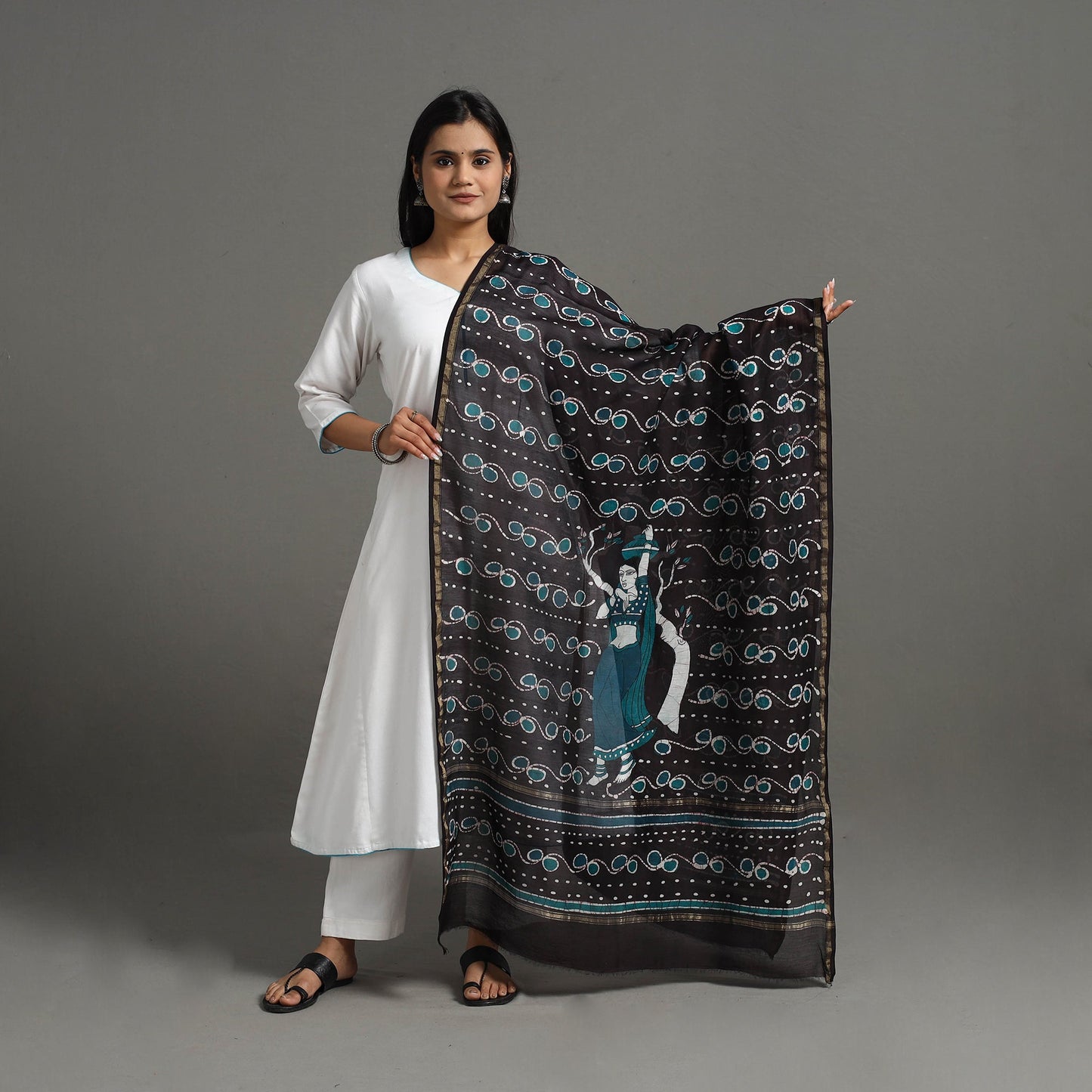 Black - Handloom Chanderi Silk Hand Batik Printed Dupatta 10