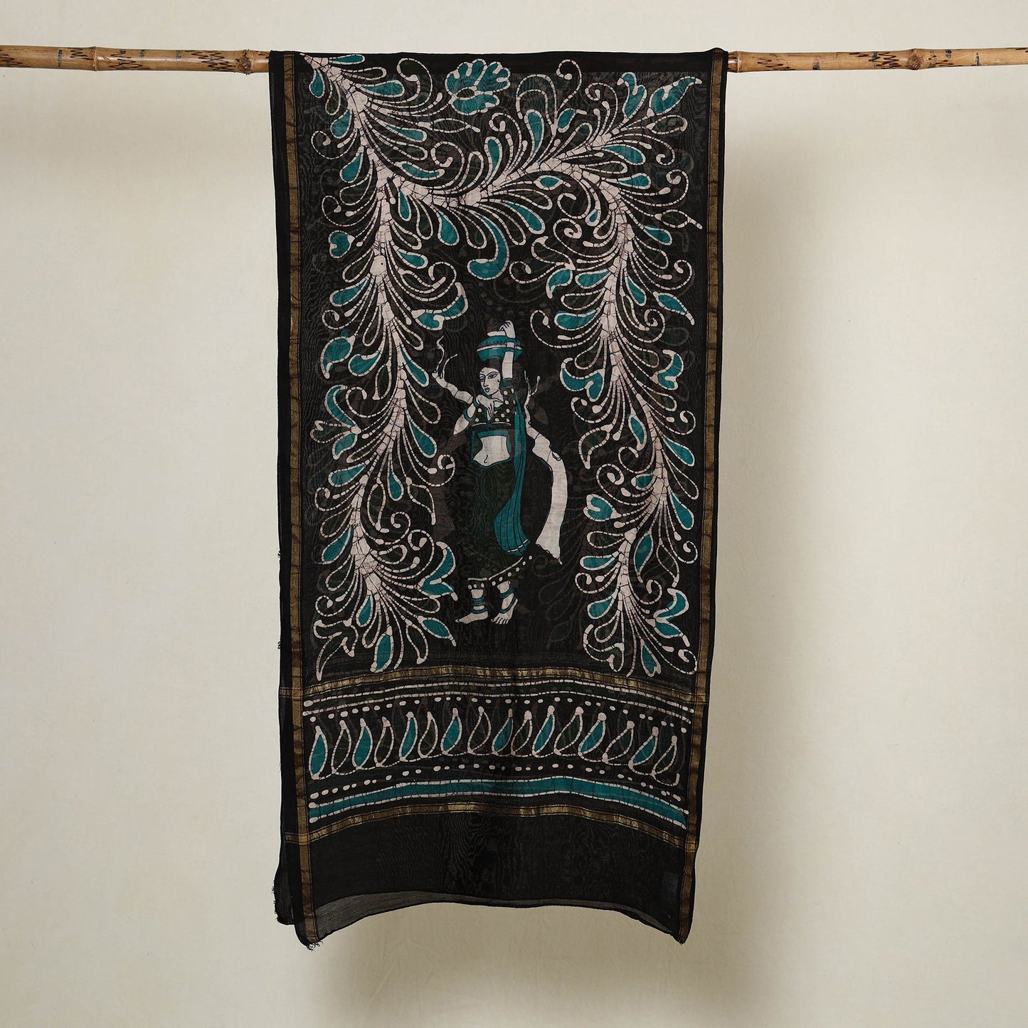 Buy Black Handloom Chanderi Silk Hand Batik Print Stole