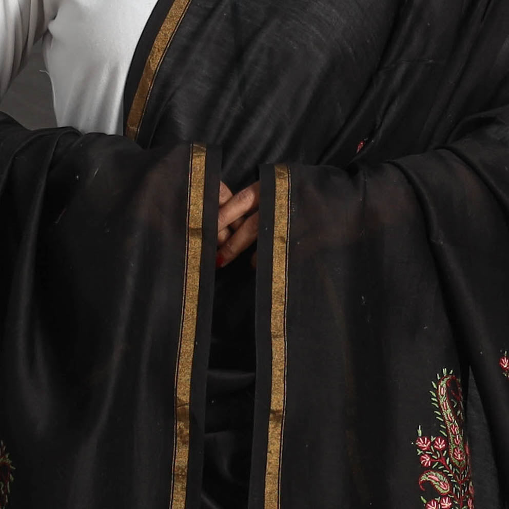 Black - handloom chanderi silk kashida embroidery dupatta