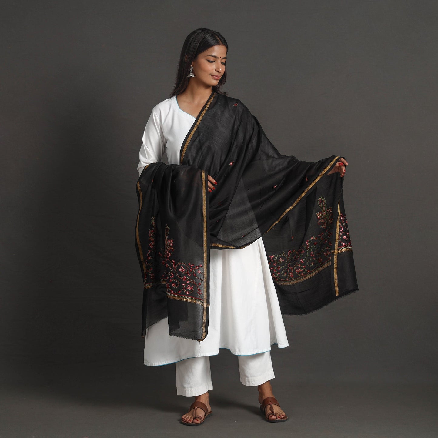 Black - handloom chanderi silk kashida embroidery dupatta