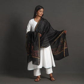 Black - handloom chanderi silk kashida embroidery dupatta
