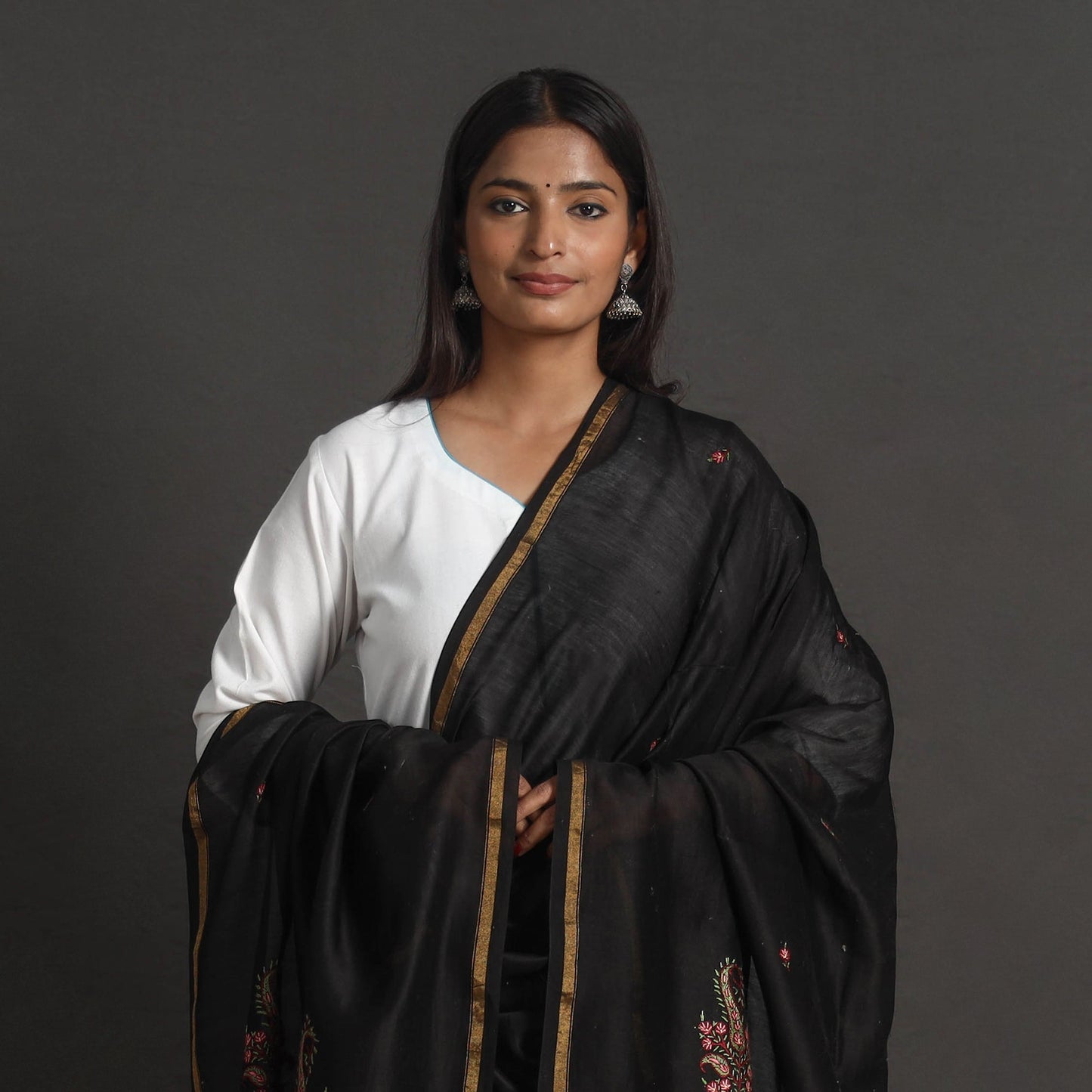 Black - handloom chanderi silk kashida embroidery dupatta