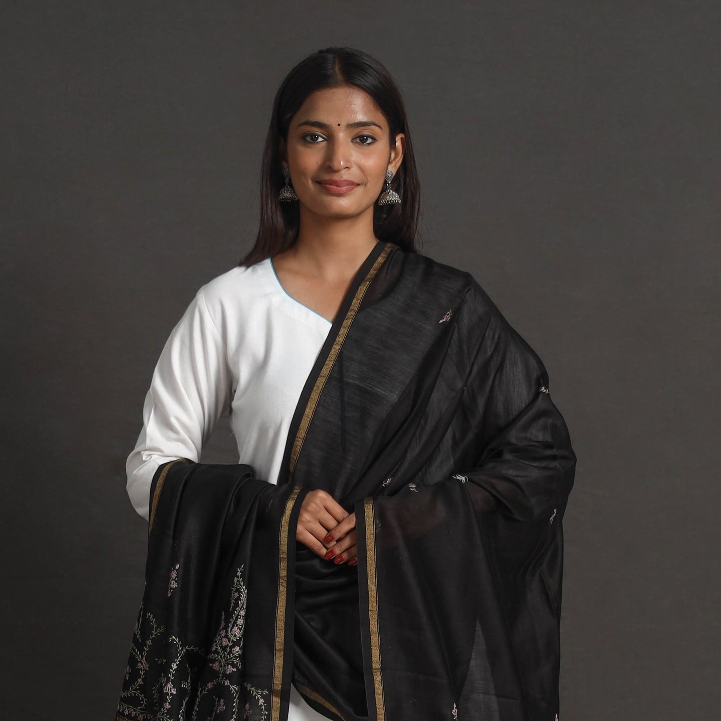 Black - handloom chanderi silk kashida embroidery dupatta