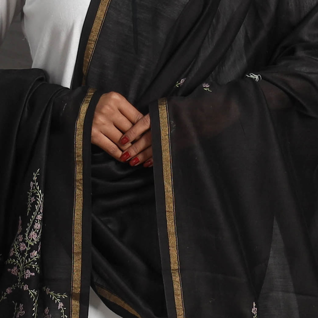 Black - handloom chanderi silk kashida embroidery dupatta