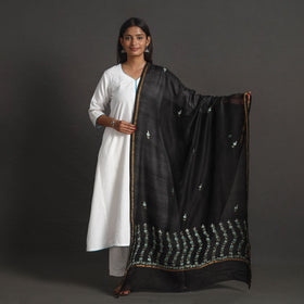 Black - handloom chanderi silk kashida embroidery dupatta
