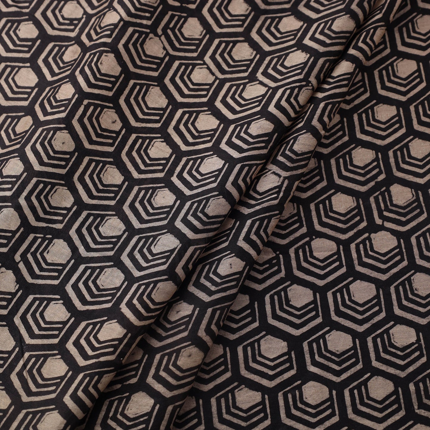 Black Block Print Chanderi Silk Natural Dyed Ajrakh Fabric