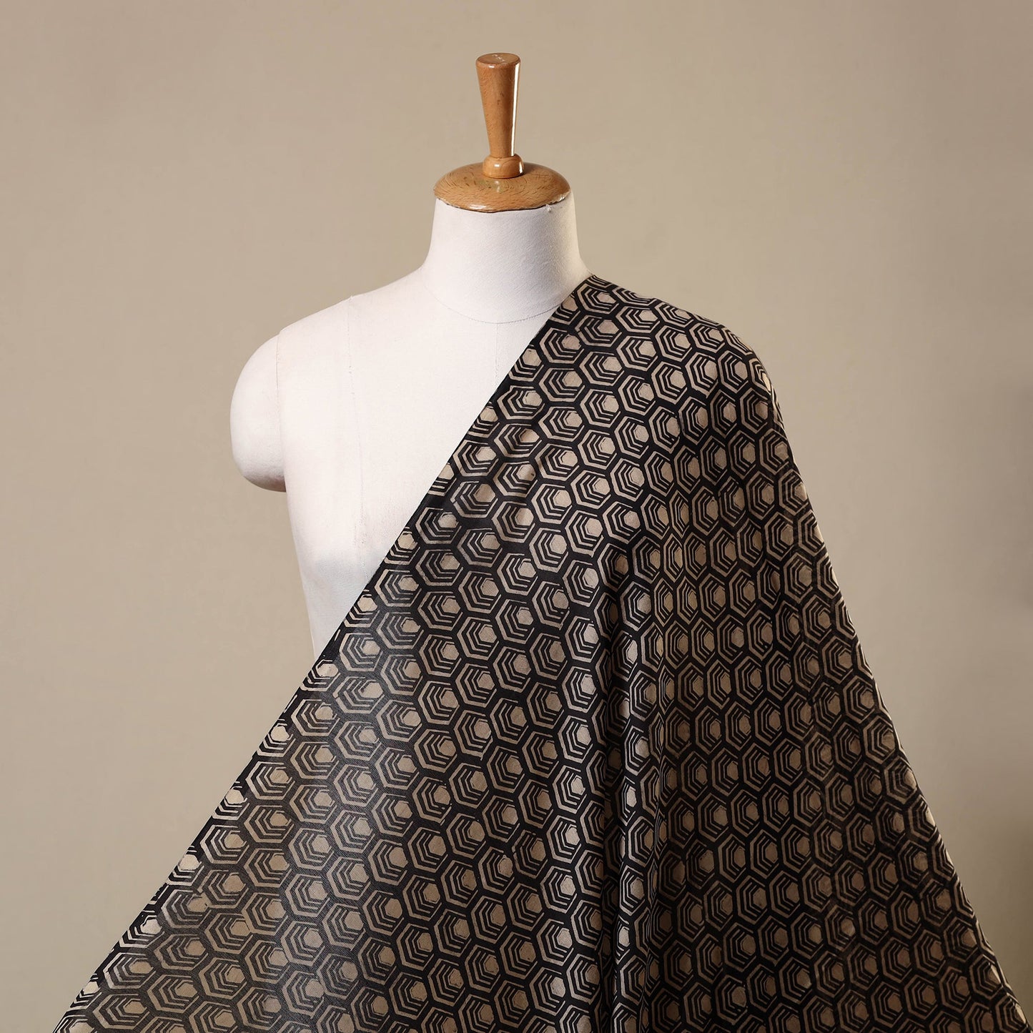 Black Block Print Chanderi Silk Natural Dyed Ajrakh Fabric