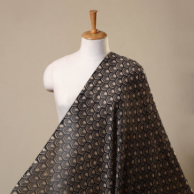 Black Block Print Chanderi Silk Natural Dyed Ajrakh Fabric