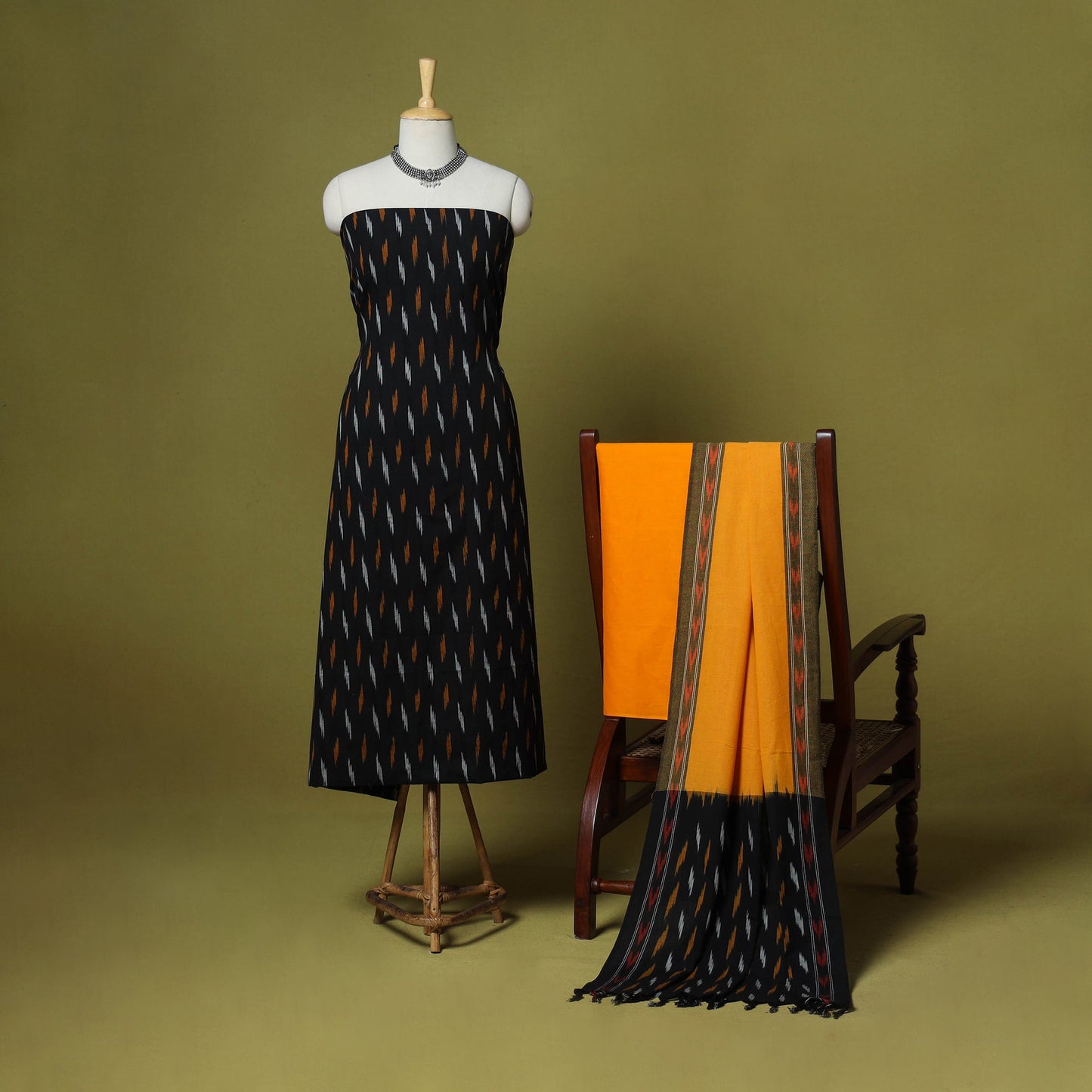 Black - handloom cotton 3pc pochampally ikat dress material