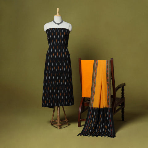 Black - handloom cotton 3pc pochampally ikat dress material