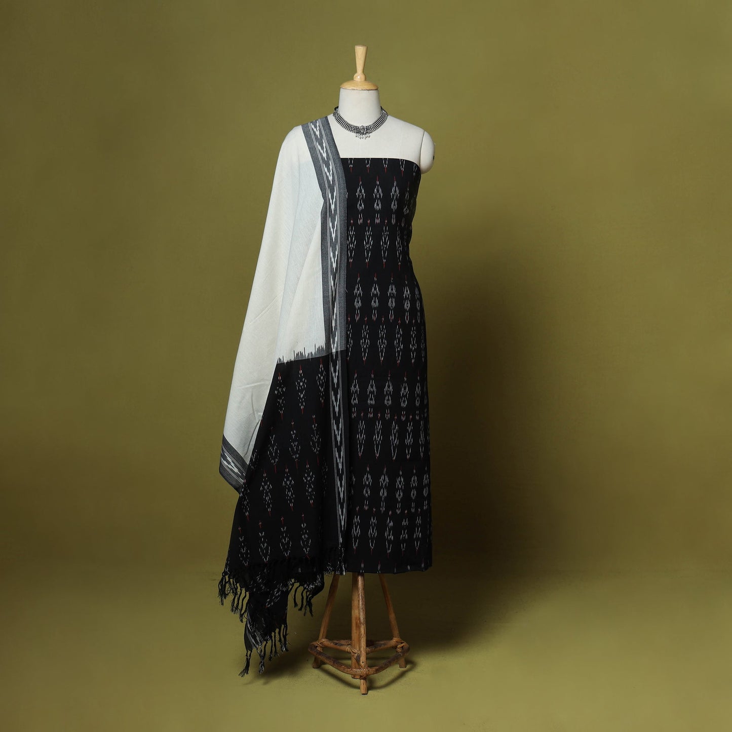 Black - handloom cotton 3pc pochampally ikat dress material