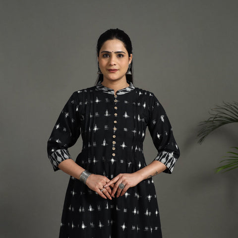 Black Handloom Cotton A-Line Pochampally Double Ikat Kurta