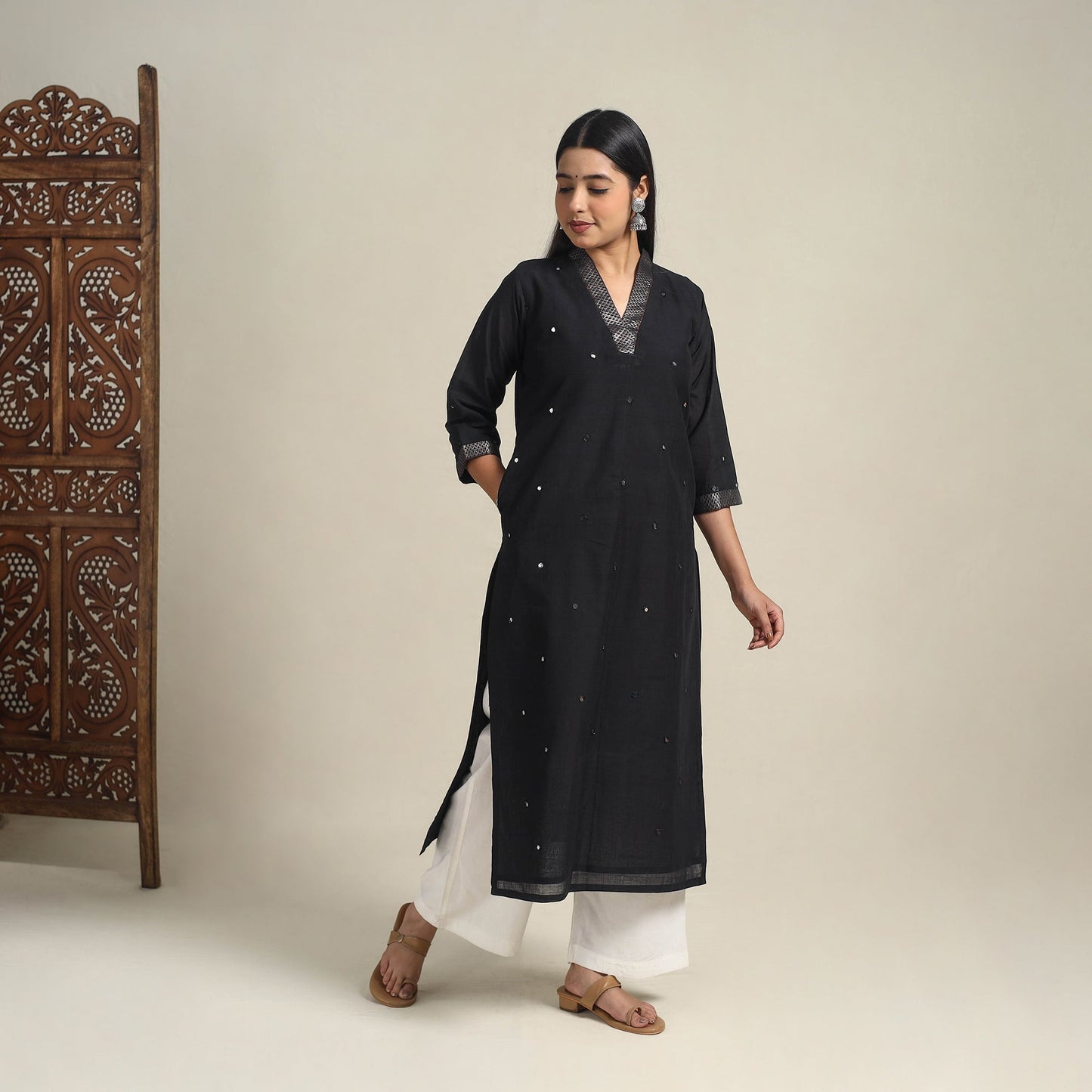 Handloom Cotton Mirror Work Black Straight Mangalagiri Kurta for Women