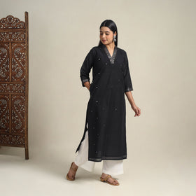 Handloom Cotton Mirror Work Black Straight Mangalagiri Kurta for Women