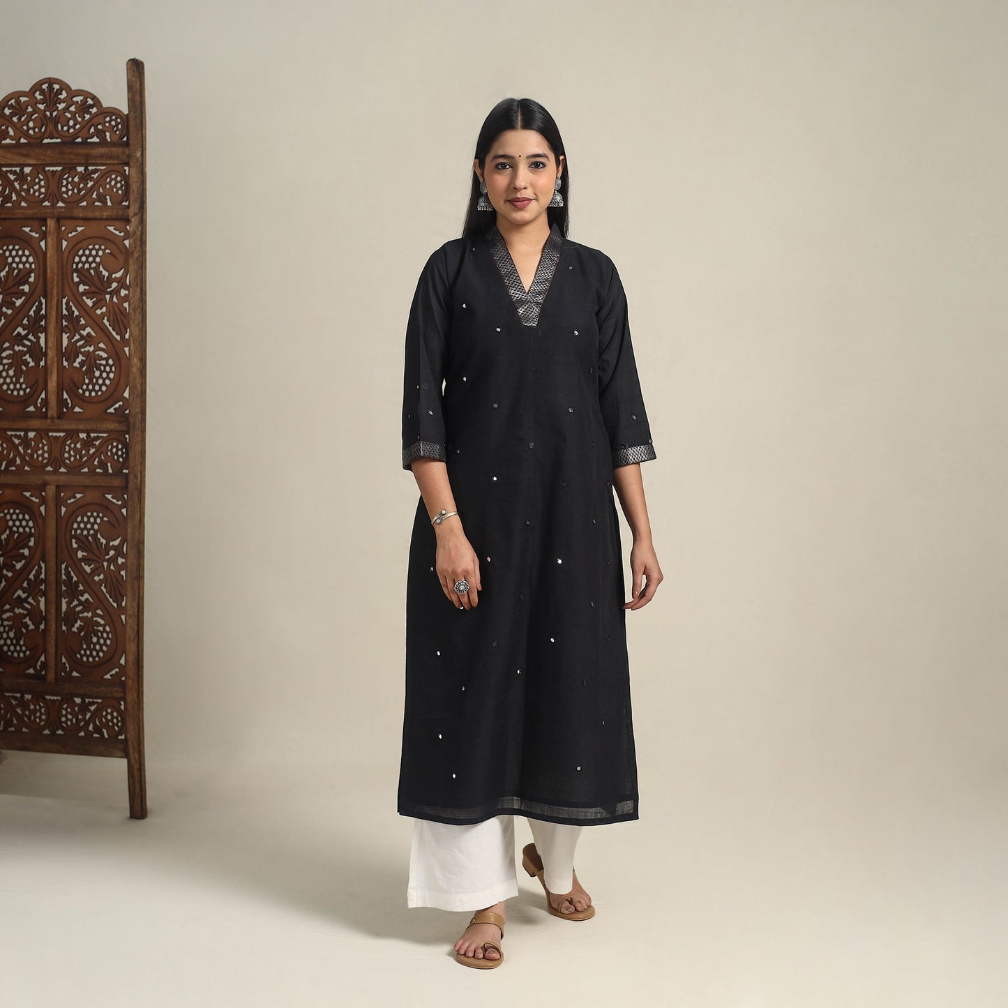 Handloom Cotton Mirror Work Black Straight Mangalagiri Kurta for Women