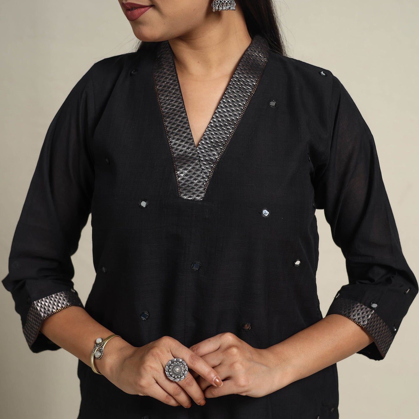 Handloom Cotton Mirror Work Black Straight Mangalagiri Kurta for Women