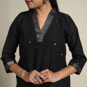 Handloom Cotton Mirror Work Black Straight Mangalagiri Kurta for Women