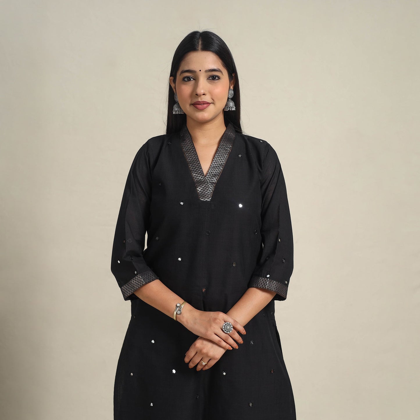 Handloom Cotton Mirror Work Black Straight Mangalagiri Kurta for Women