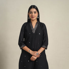 Handloom Cotton Mirror Work Black Straight Mangalagiri Kurta for Women