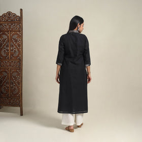 Handloom Cotton Mirror Work Black Straight Mangalagiri Kurta for Women