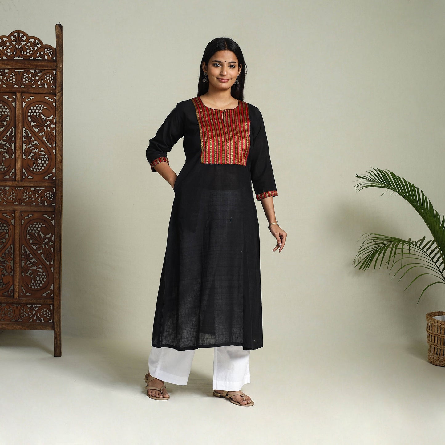 Buy Black Handloom Cotton Patchwork A-Line Mangalagiri Kurta