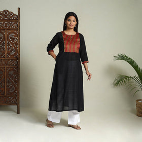 Buy Black Handloom Cotton Patchwork A-Line Mangalagiri Kurta