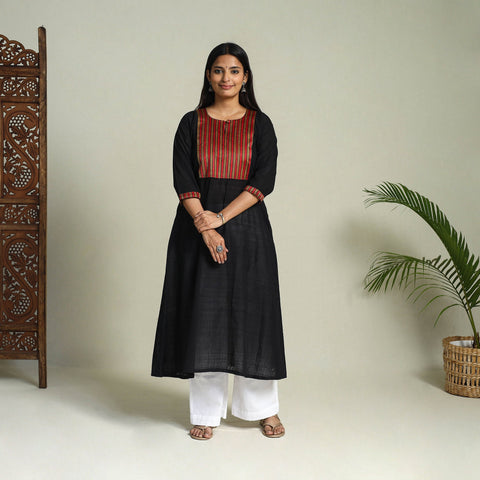 Buy Black Handloom Cotton Patchwork A-Line Mangalagiri Kurta