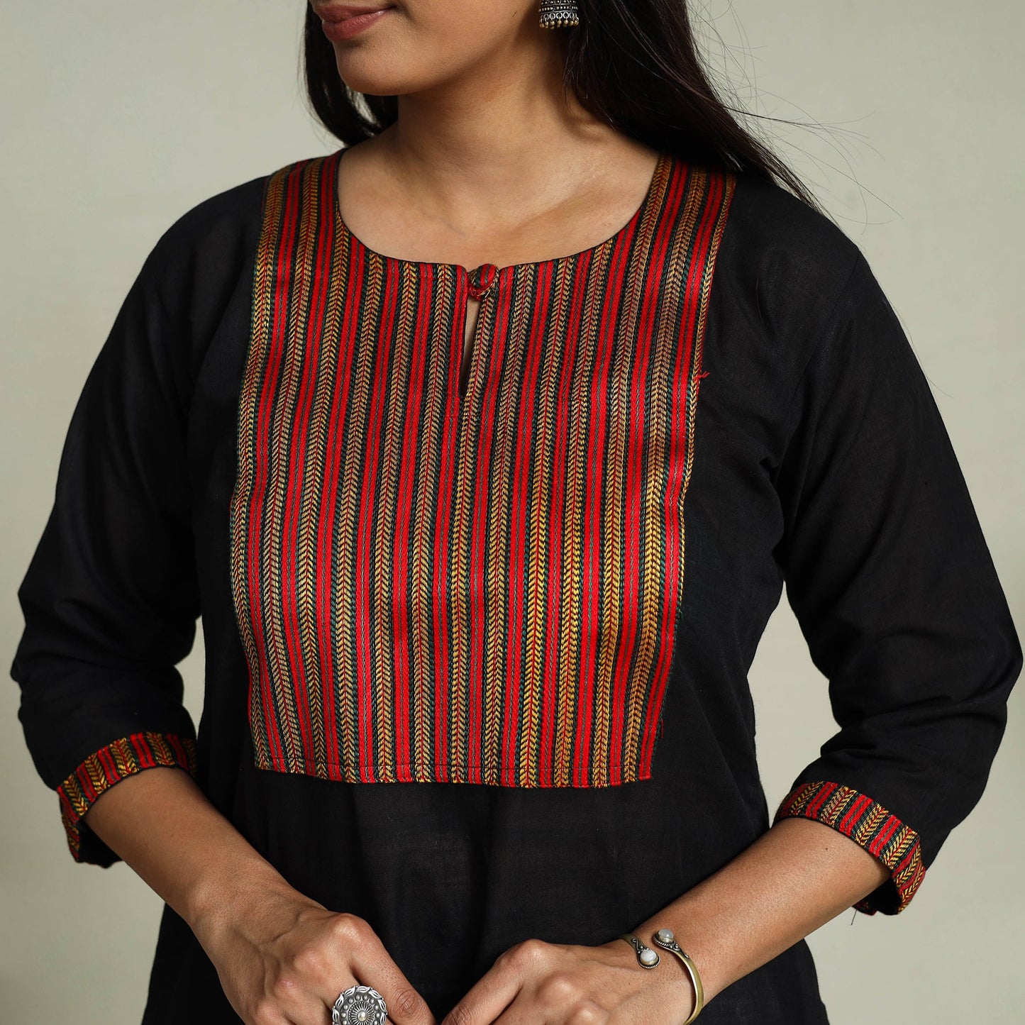 Buy Black Handloom Cotton Patchwork A-Line Mangalagiri Kurta
