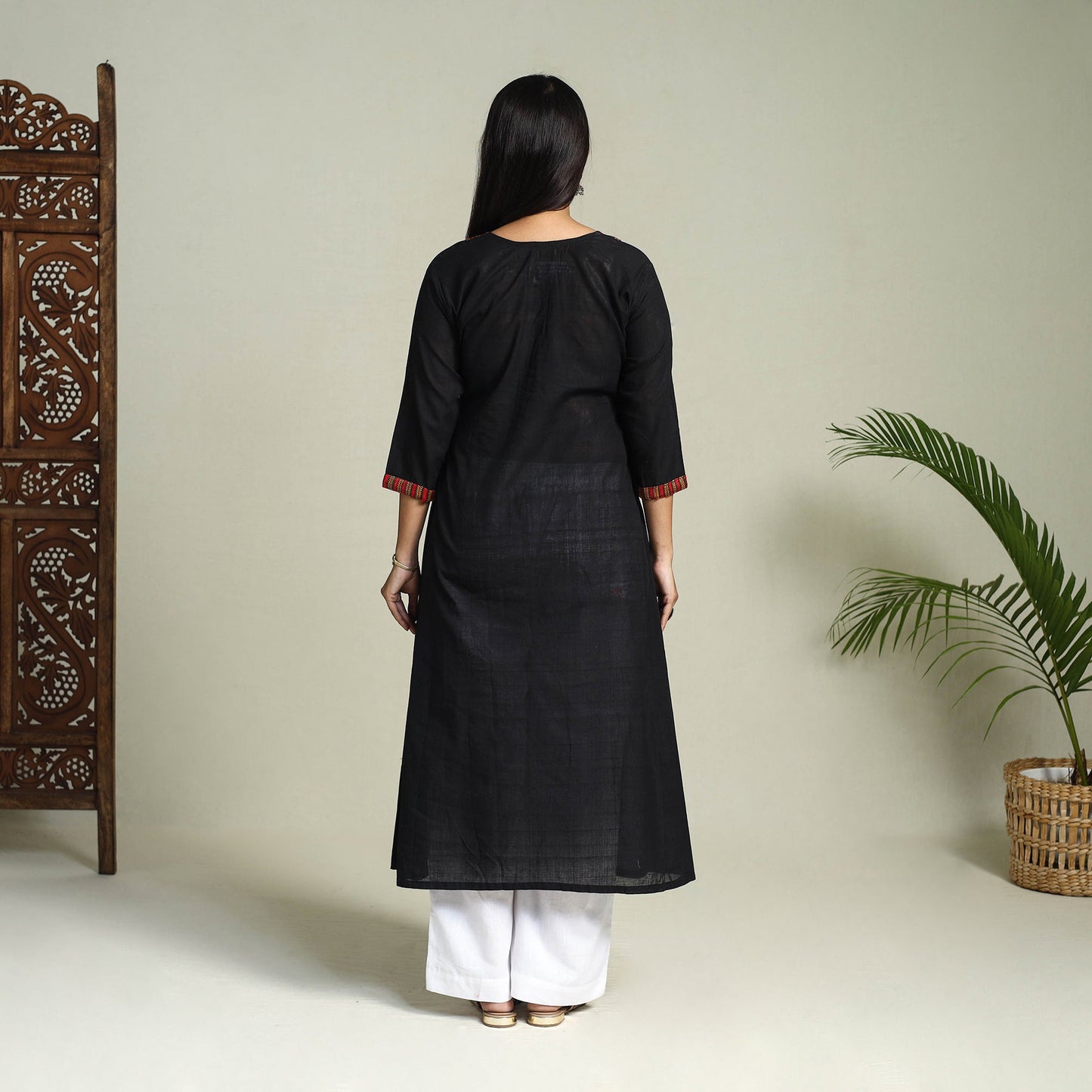 Buy Black Handloom Cotton Patchwork A-Line Mangalagiri Kurta
