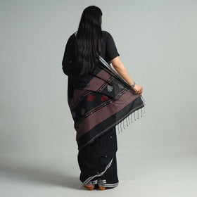 Black - Handloom Cotton Phulia Jamdani Saree with Tassels 127