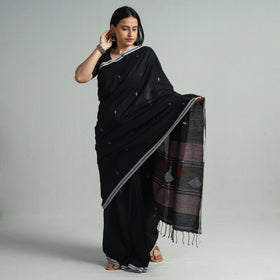 Black - Handloom Cotton Phulia Jamdani Saree with Tassels 127