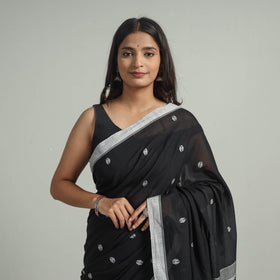 Black - handloom cotton phulia jamdani saree with tassels