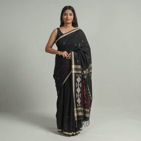 Black - handloom cotton phulia jamdani saree with tassels