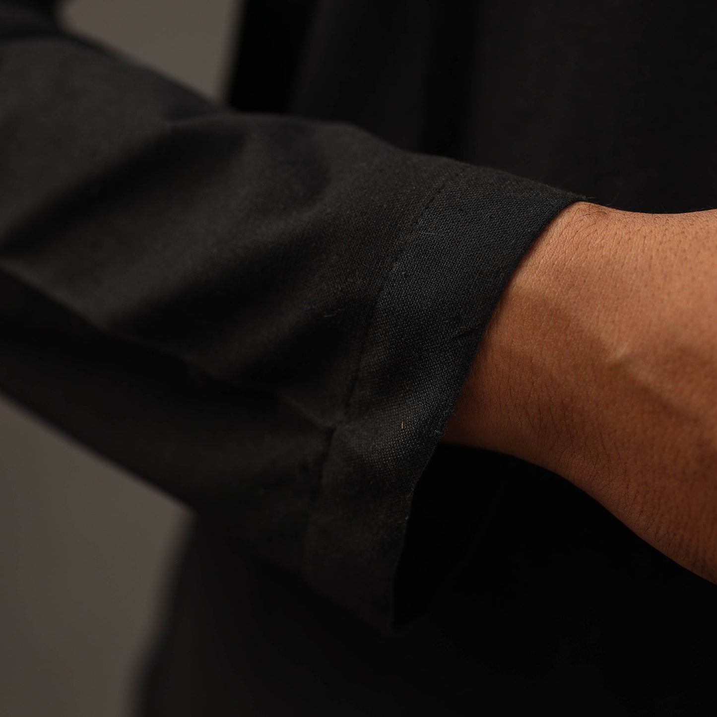 Black Handloom Cotton Plain Men Short Kurta