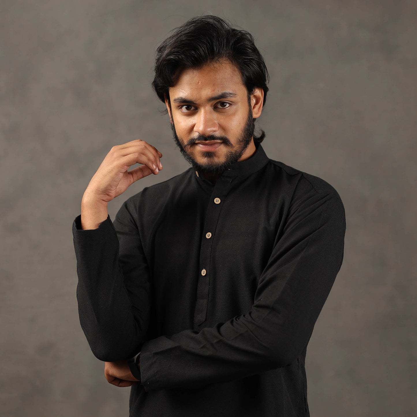 Black Handloom Cotton Plain Men Short Kurta