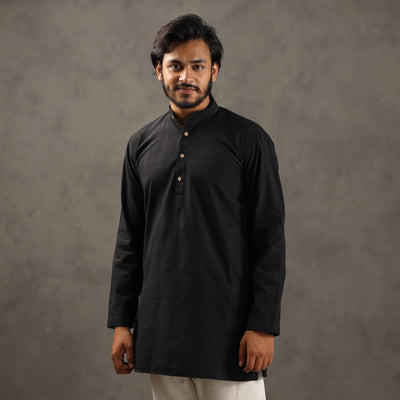 Black Handloom Cotton Plain Men Short Kurta