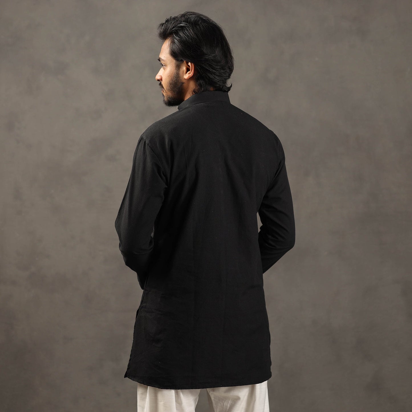 Black Handloom Cotton Plain Men Short Kurta
