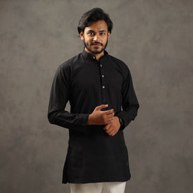 Black Handloom Cotton Plain Men Short Kurta