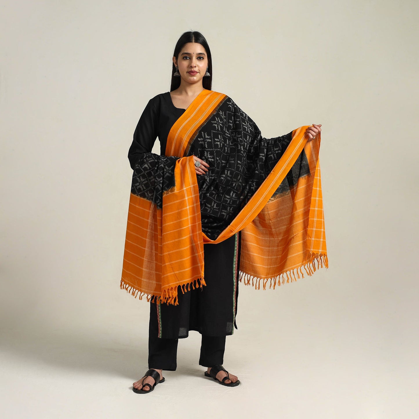 Black - Handloom Cotton Pochampally Double Ikat Dupatta 15