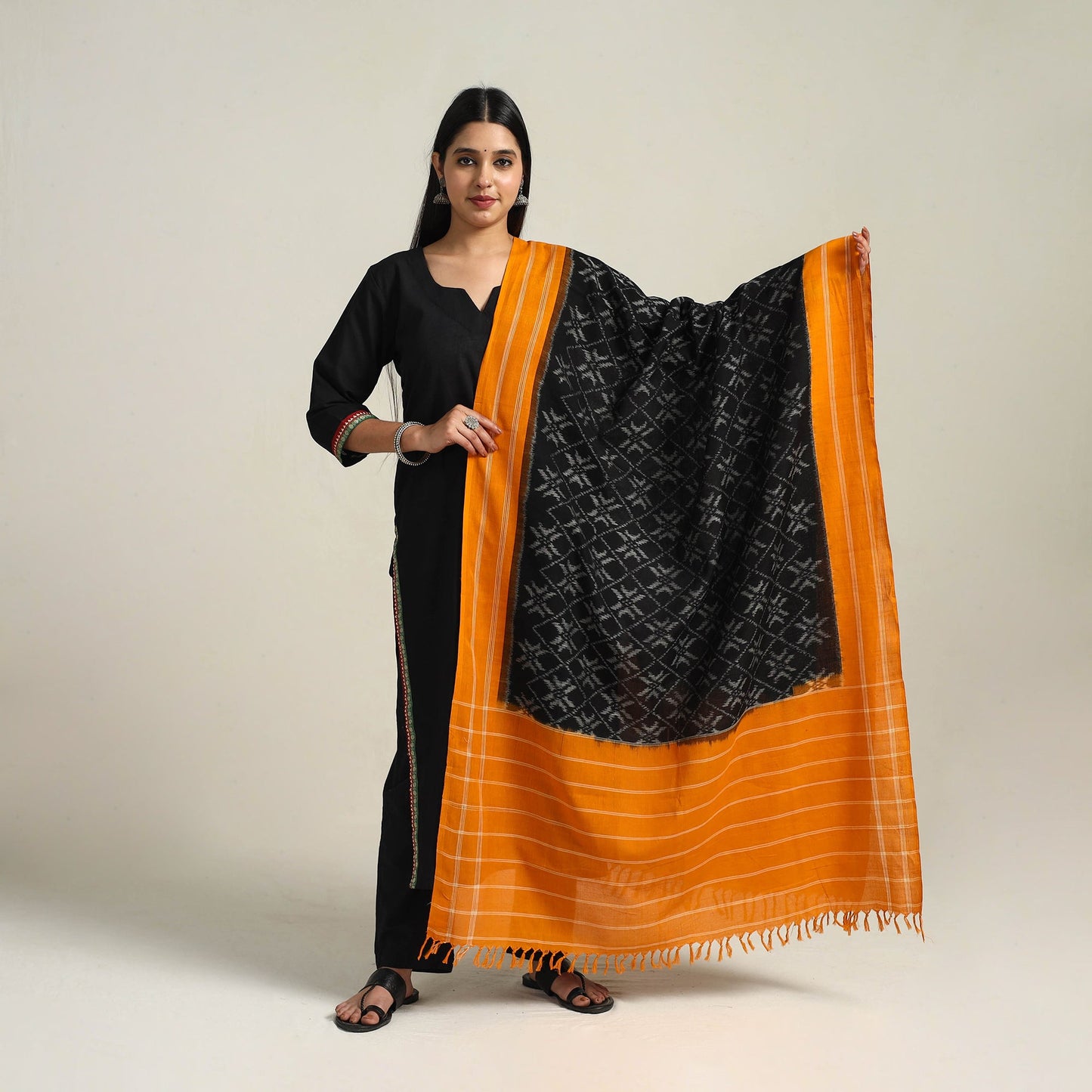 Black - Handloom Cotton Pochampally Double Ikat Dupatta 15