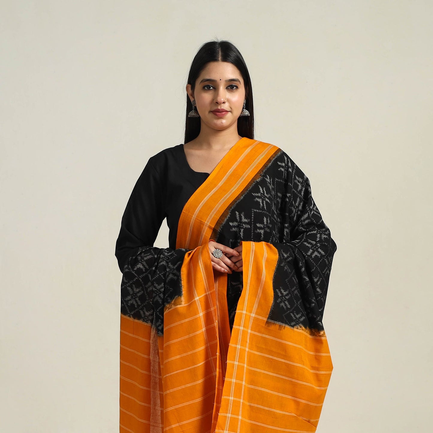 Black - Handloom Cotton Pochampally Double Ikat Dupatta 15