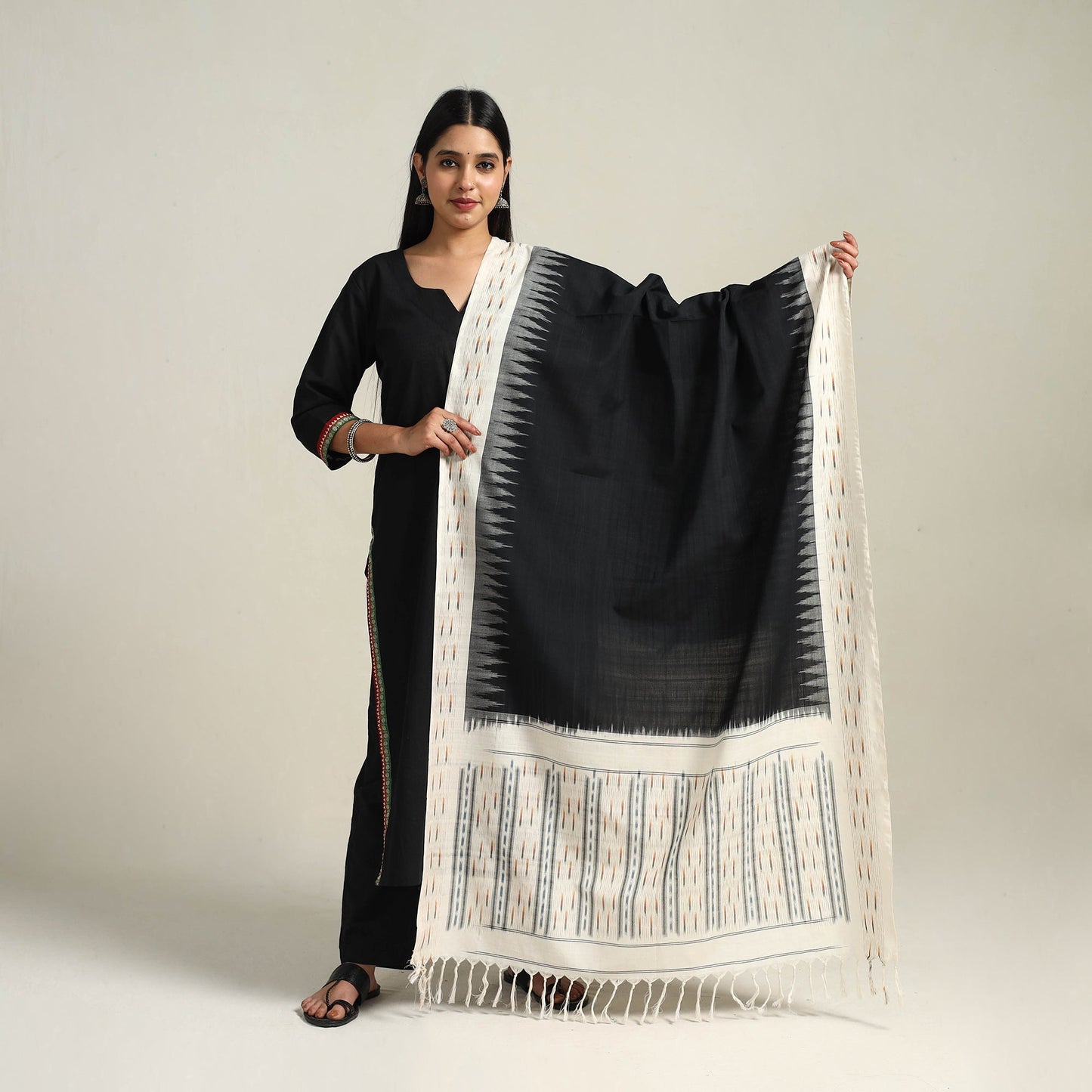 Black - Handloom Cotton Pochampally Double Ikat Dupatta 20