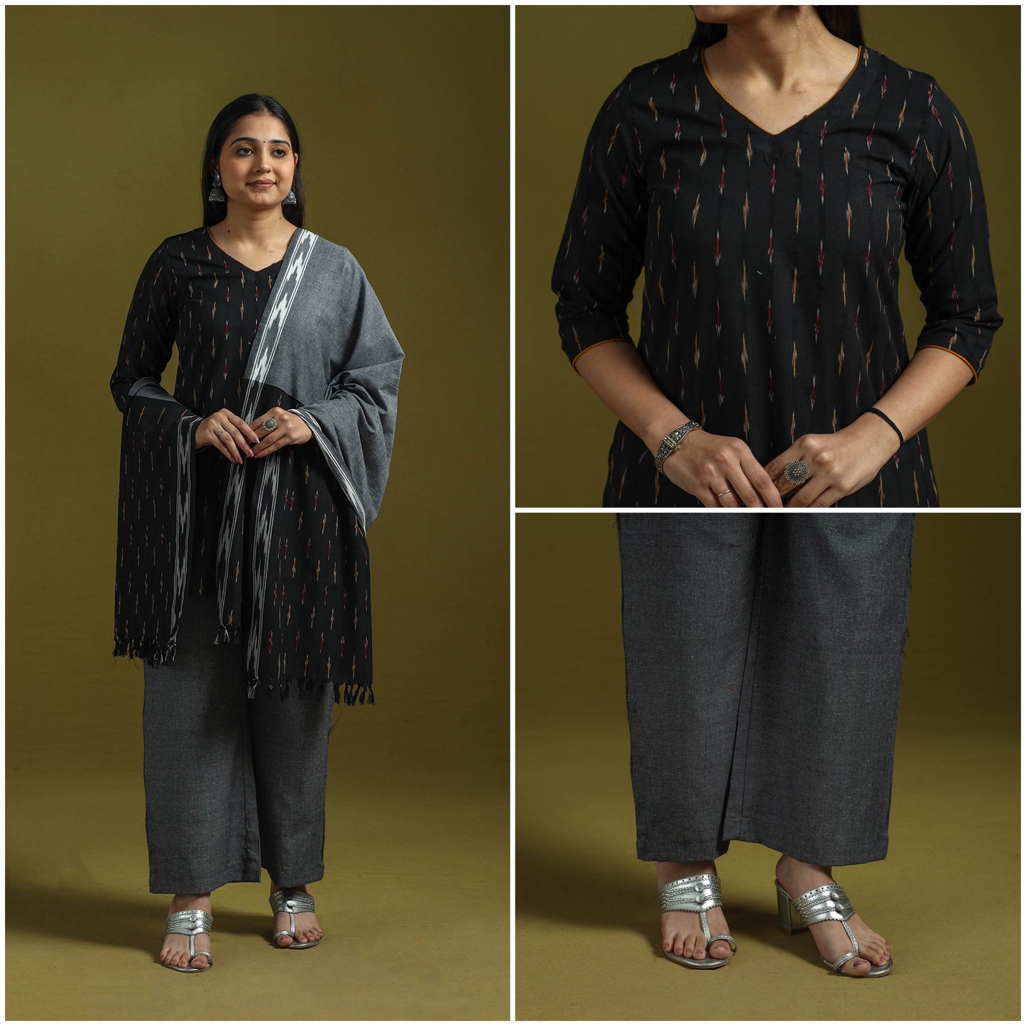 Handloom cotton pochampally ikat 3pc kurta set for women 15