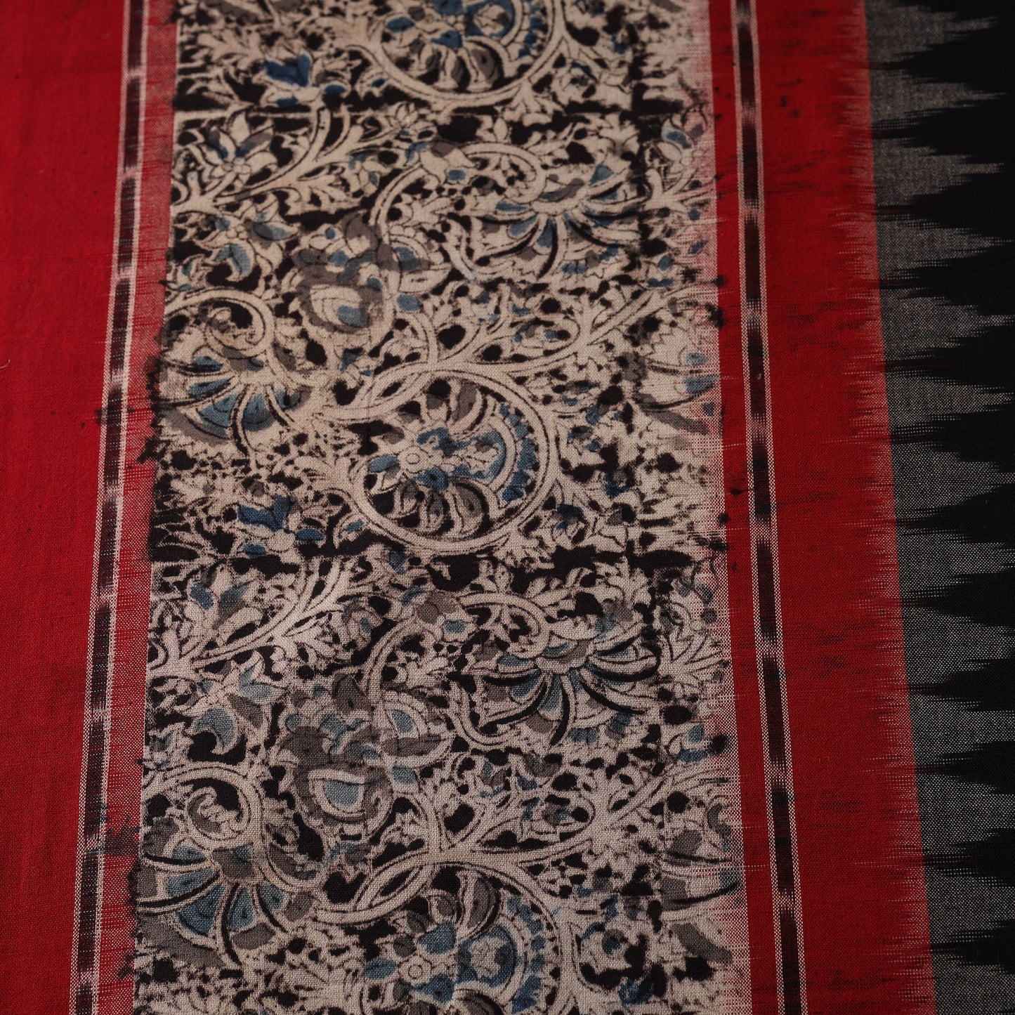 Handloom cotton pochampally ikat fabric with kalamkari